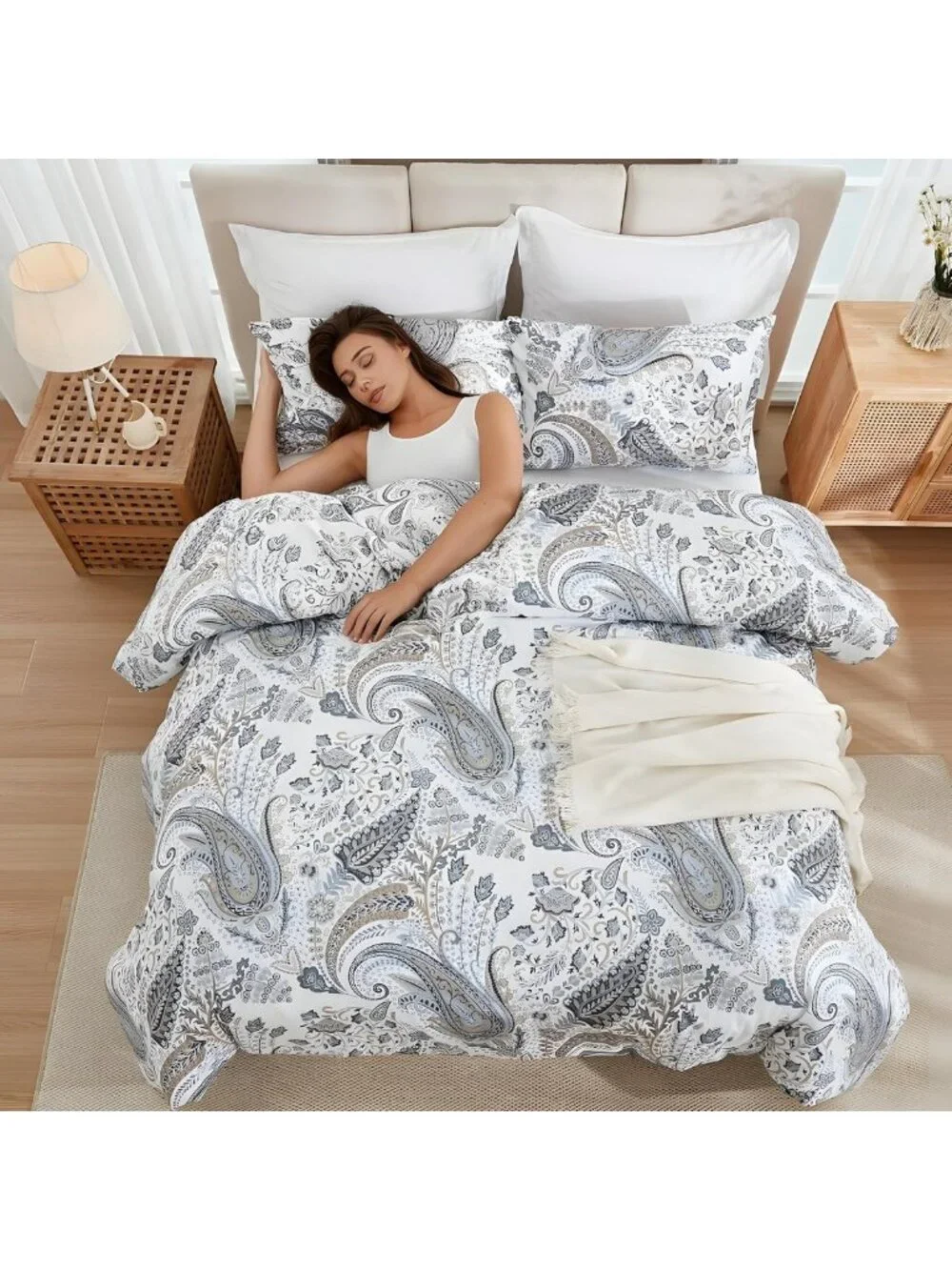 Queen Size Grey Blue Paisley Comforter Set - 3 Piece Lightweight Boho Bedding